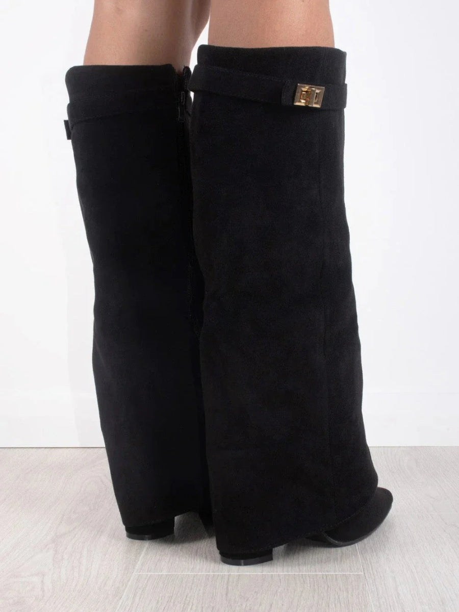 Elegant Women's Black Suede Knee High Boots with Gold Accents – Stylish and Comfortable Footwear 5