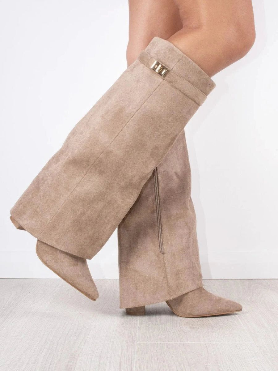 Elegant Women's Black Suede Knee High Boots with Gold Accents – Stylish and Comfortable Footwear 6