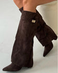 Elegant Women's Black Suede Knee High Boots with Gold Accents – Stylish and Comfortable Footwear 9