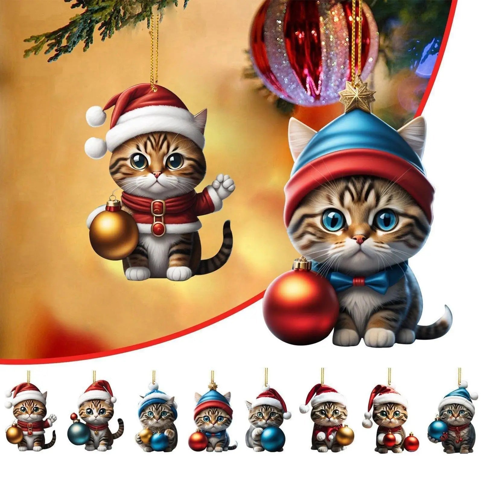 FelineFest | Charming Durable Acrylic Cat-Shaped Christmas Ornaments Set 2