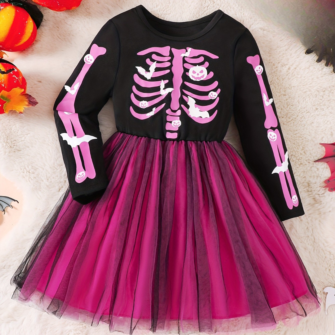 Girls Long Sleeve Halloween Skeleton Costume Dress | Tulle Mini 0
