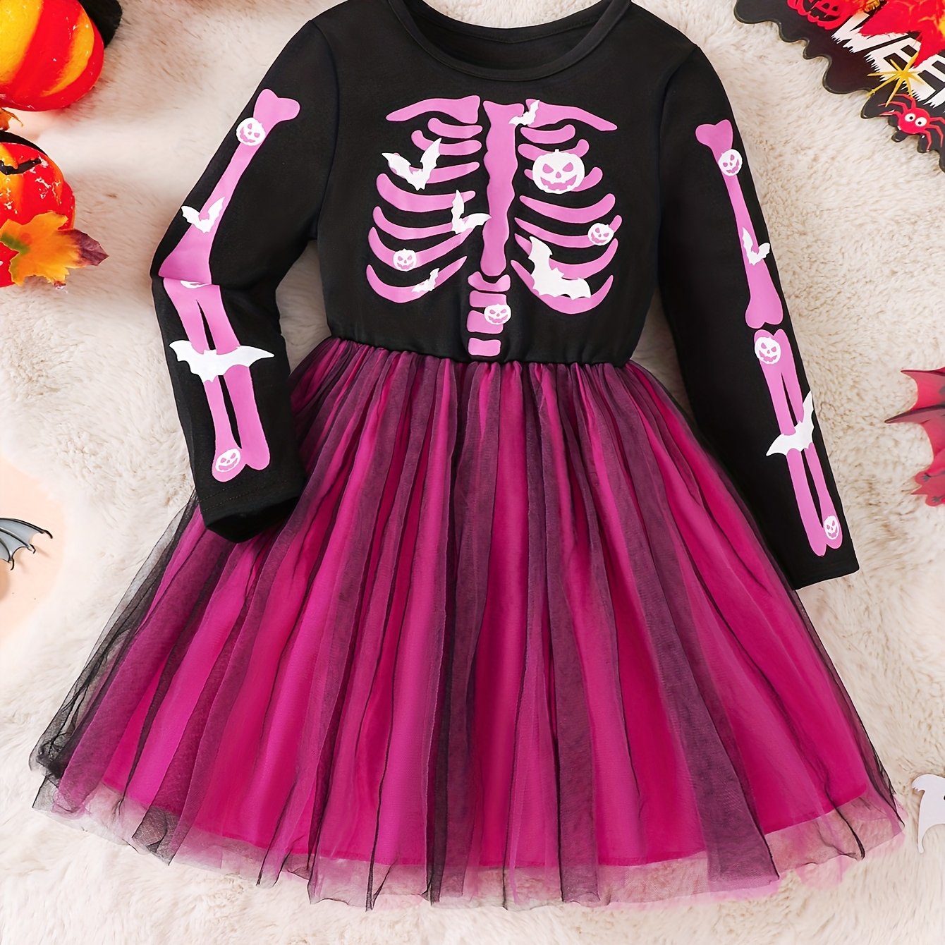 Girls Long Sleeve Halloween Skeleton Costume Dress | Tulle Mini 5