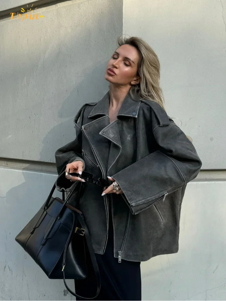 Grey Loose Suede Jacket for Women – Casual Long-Sleeved Coat with Zipper Pockets 0