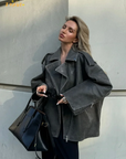 Grey Loose Suede Jacket for Women – Casual Long-Sleeved Coat with Zipper Pockets 0