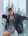 Grey Loose Suede Jacket for Women – Casual Long-Sleeved Coat with Zipper Pockets 1