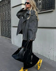 Grey Loose Suede Jacket for Women – Casual Long-Sleeved Coat with Zipper Pockets 3