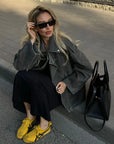 Grey Loose Suede Jacket for Women – Casual Long-Sleeved Coat with Zipper Pockets 4
