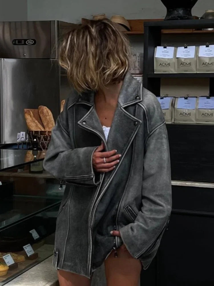 Grey Loose Suede Jacket for Women – Casual Long-Sleeved Coat with Zipper Pockets 5