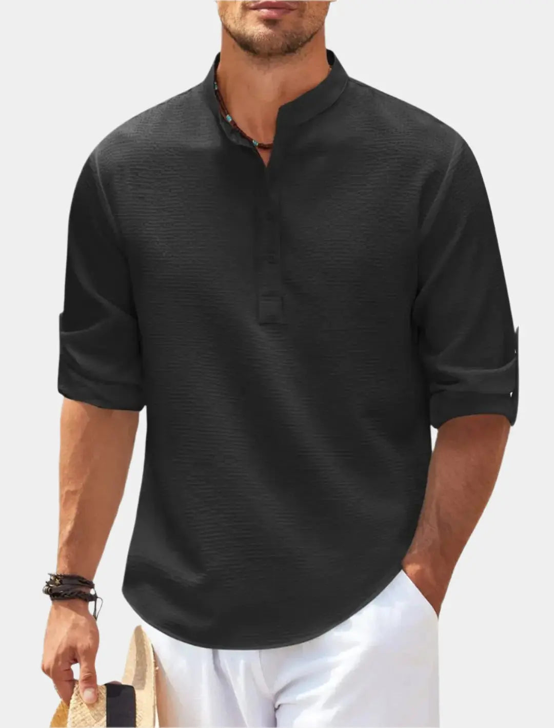 Herren Langarmshirt Henry-Kragen Hochwertiges Material Bequemes Longsleeve T-Shirt 0