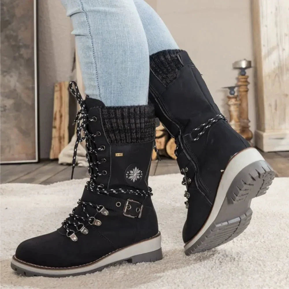 Ladies Winter Lace-Up Boots with Knitted Cuff and Anti-Slip Sole - Black Boots for Women 0