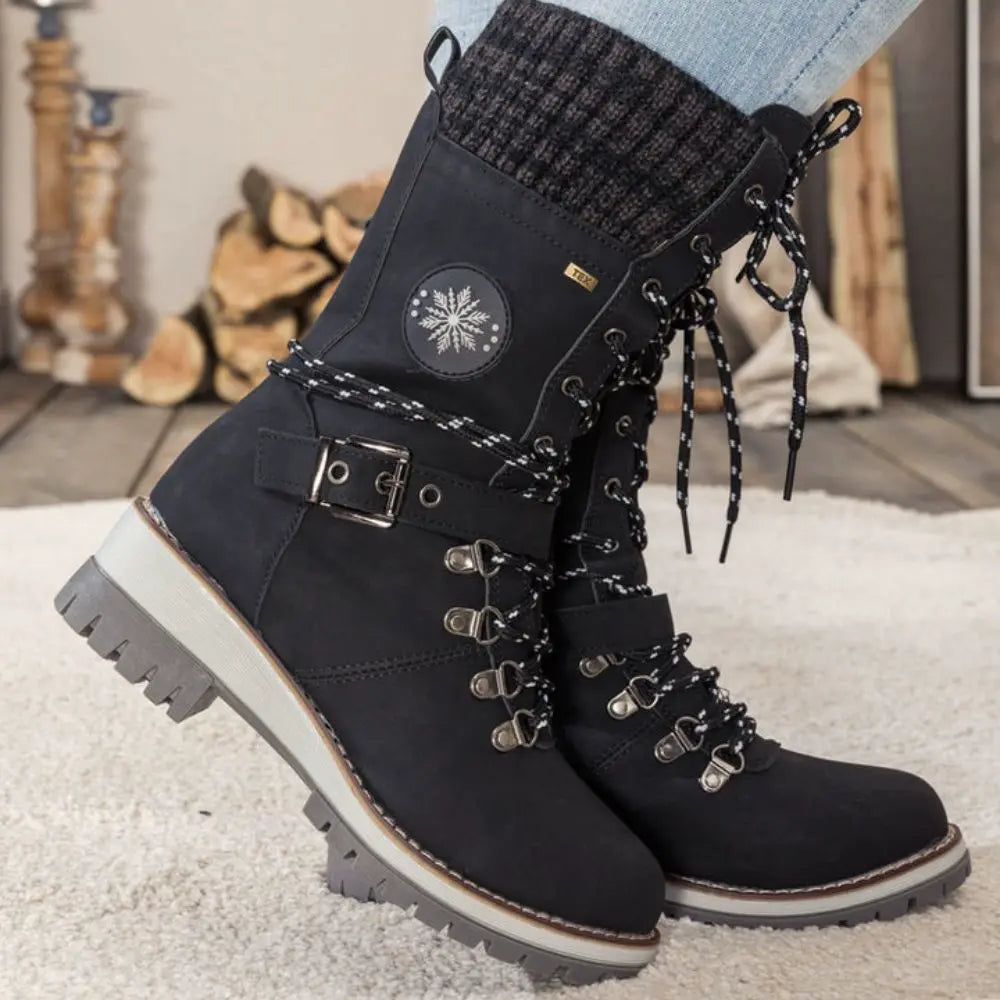 Ladies Winter Lace-Up Boots with Knitted Cuff and Anti-Slip Sole - Black Boots for Women 1
