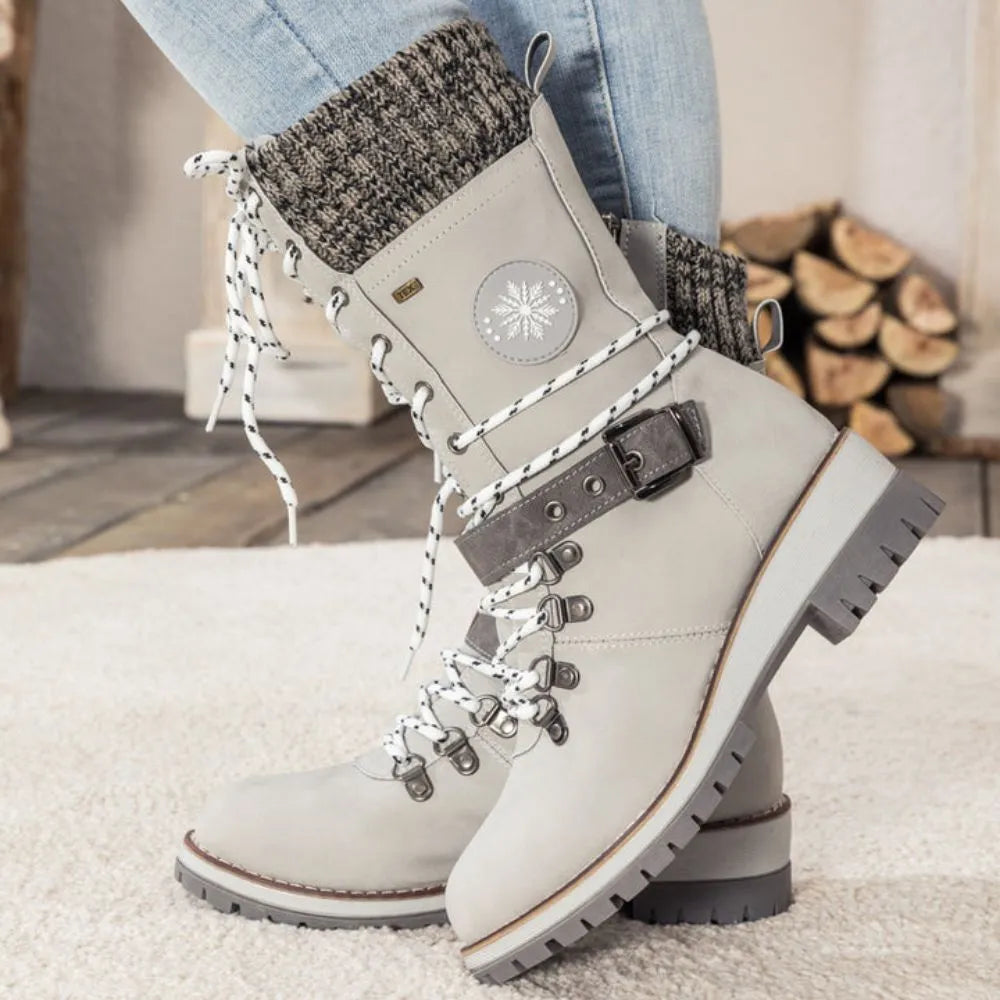 Ladies Winter Lace-Up Boots with Knitted Cuff and Anti-Slip Sole - Black Boots for Women 10
