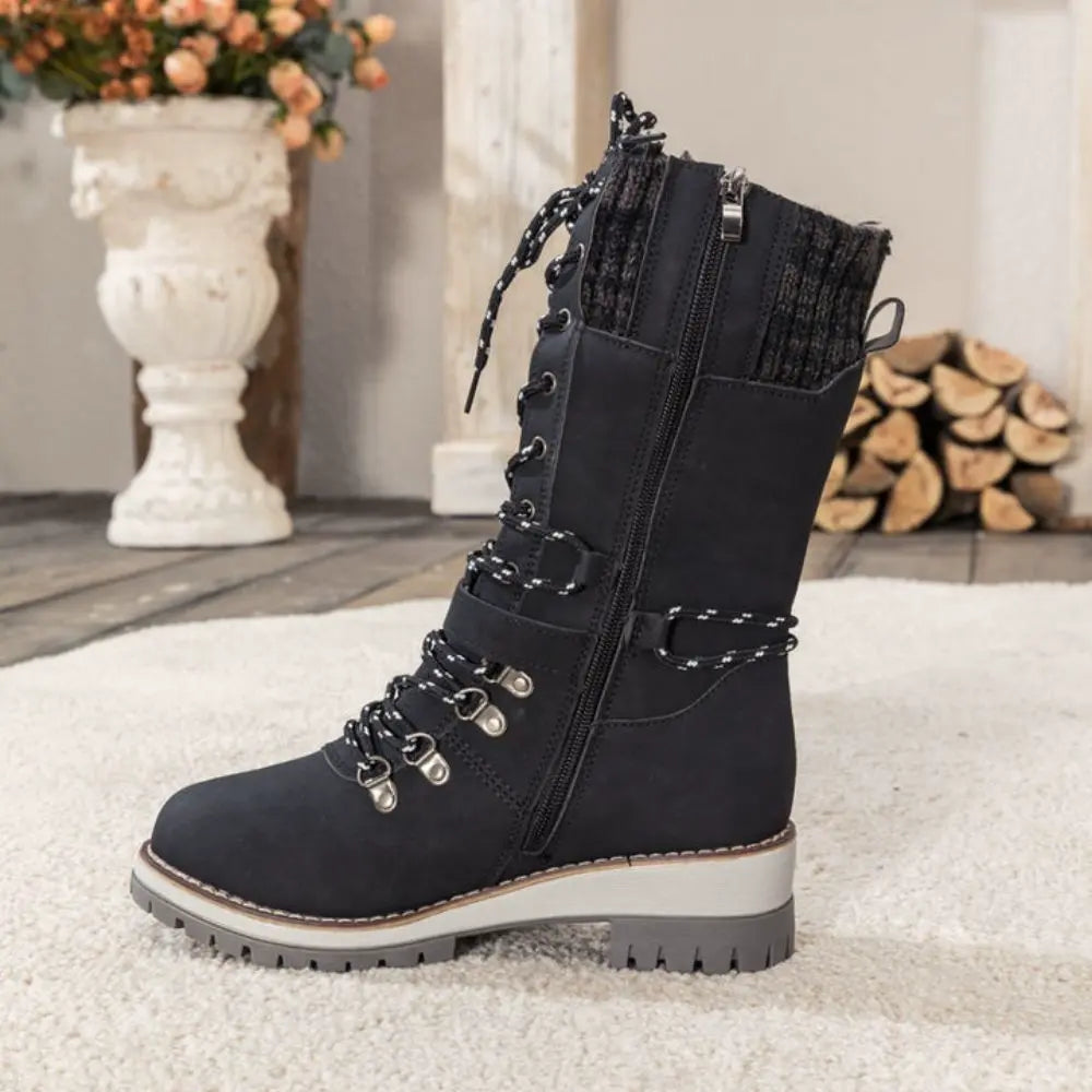 Ladies Winter Lace-Up Boots with Knitted Cuff and Anti-Slip Sole - Black Boots for Women 2