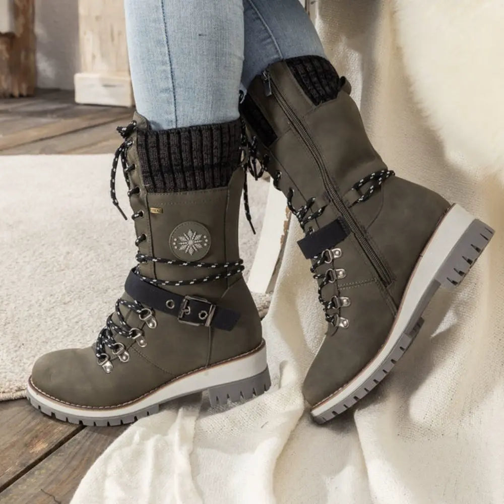 Ladies Winter Lace-Up Boots with Knitted Cuff and Anti-Slip Sole - Black Boots for Women 6