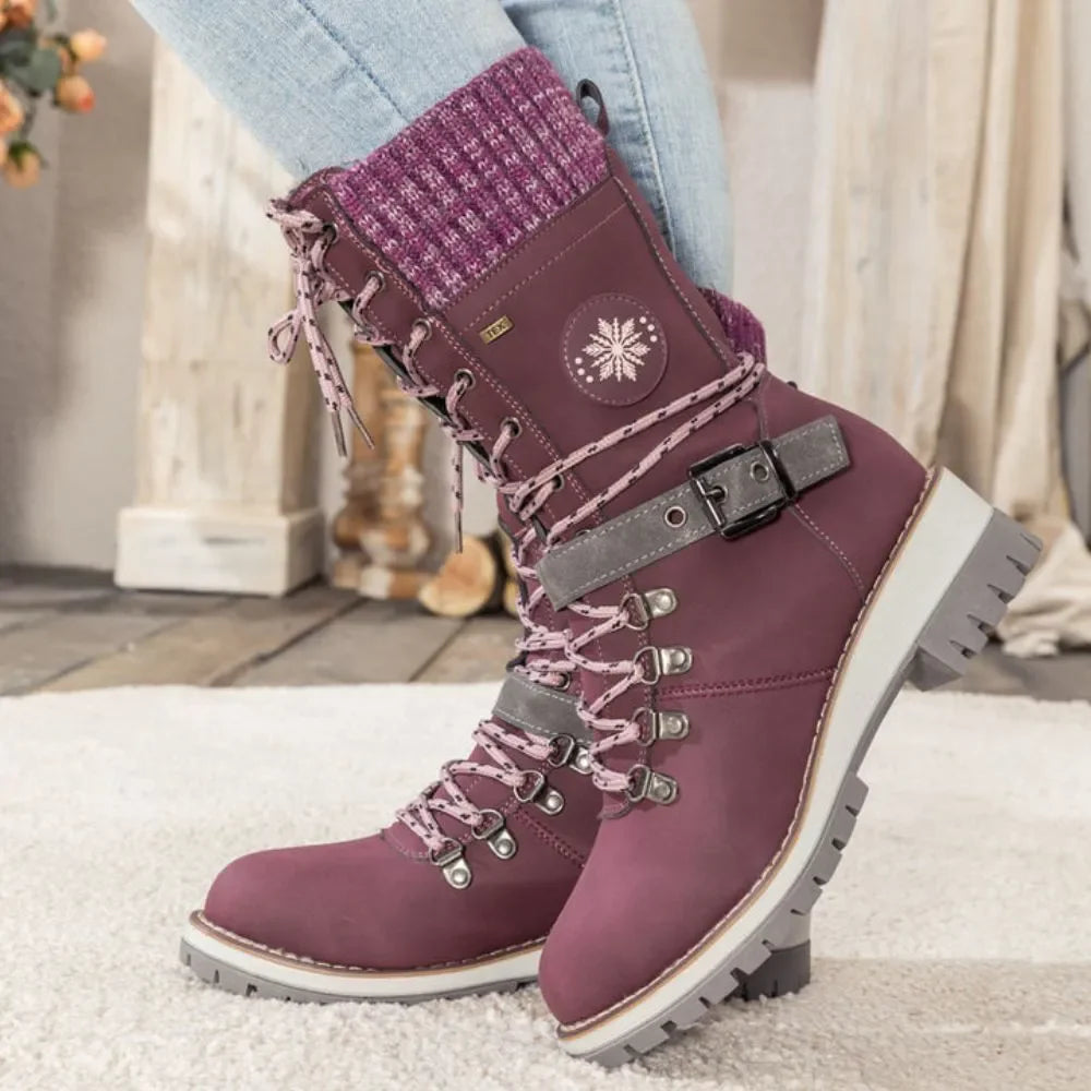 Ladies Winter Lace-Up Boots with Knitted Cuff and Anti-Slip Sole - Black Boots for Women 7