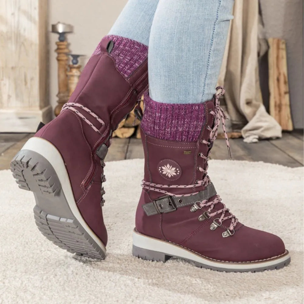 Ladies Winter Lace-Up Boots with Knitted Cuff and Anti-Slip Sole - Black Boots for Women 8