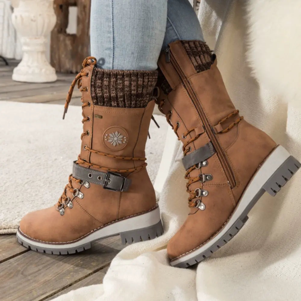 Ladies Winter Lace-Up Boots with Knitted Cuff and Anti-Slip Sole - Black Boots for Women 9