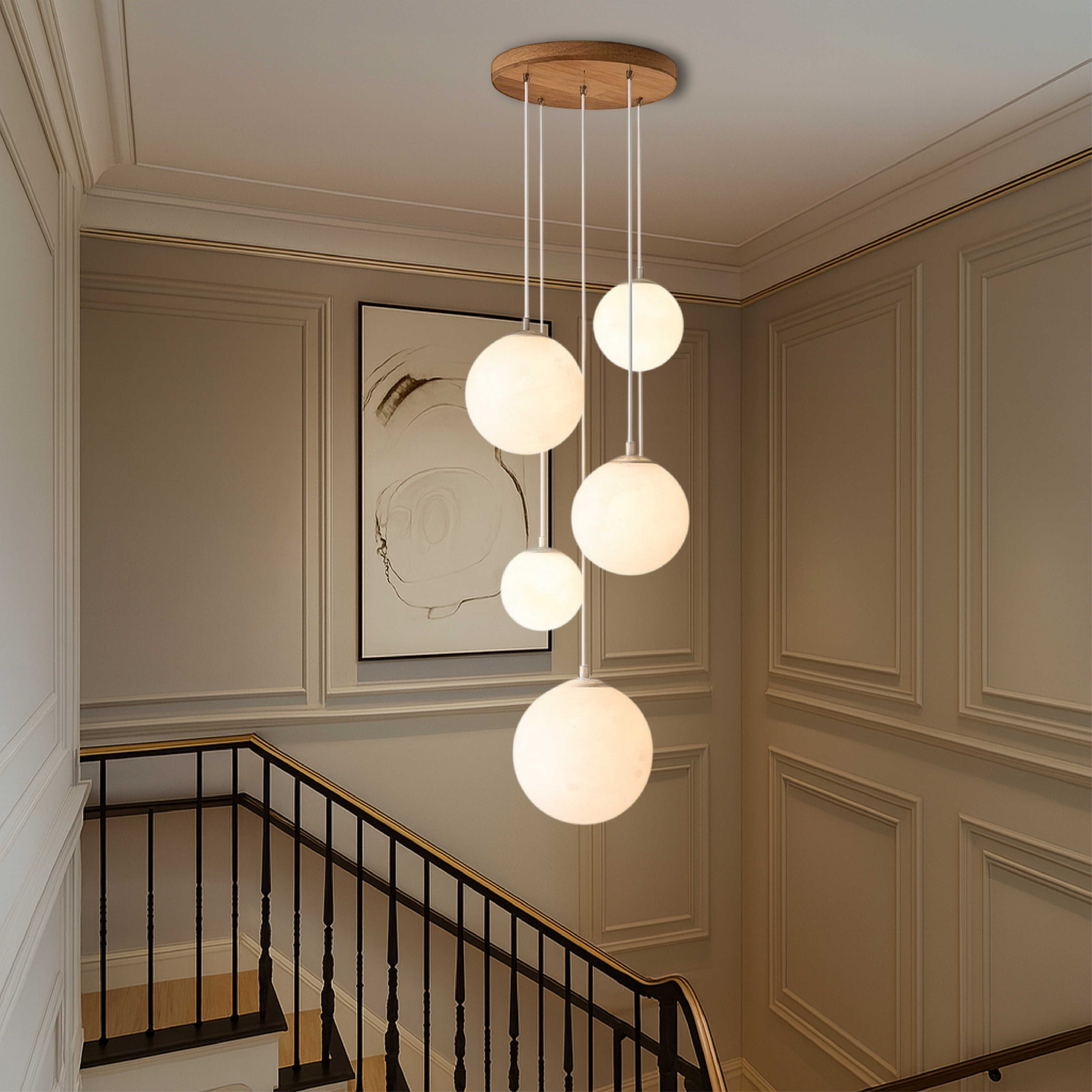 LumiGlow | Scandinavian Chandelier Moon Lamp Stairs with Sculptural Elegance 4