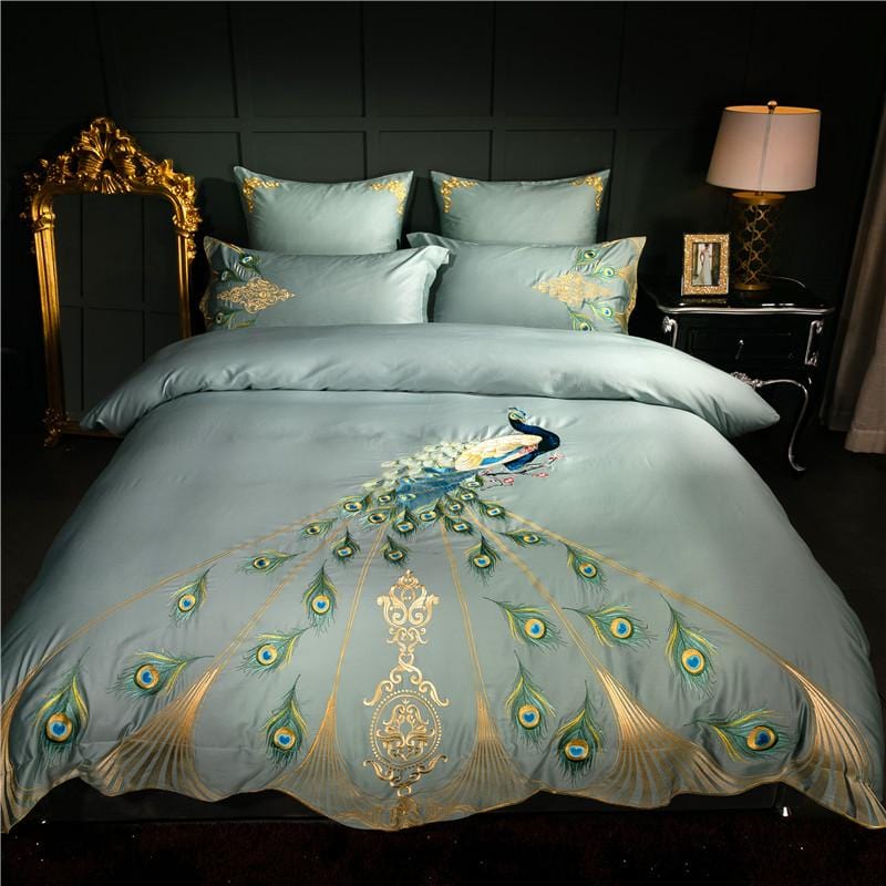 LuxeFeathers – Luxurious Egyptian Cotton Duvet Set with Teal and Peacock Pattern 0