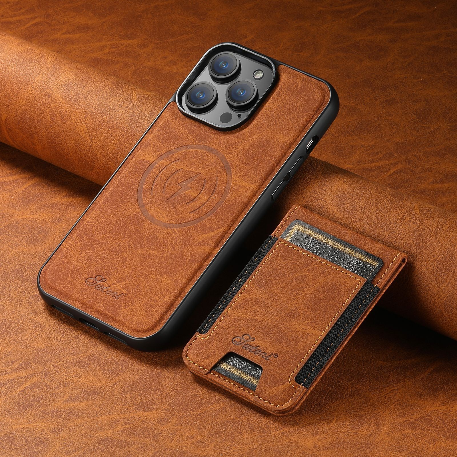 Luxury Phone Case for iPhone with Built-in Card Holder and Magnetic Stand – Durable Protection in Khaki, Black, Blue, Brown 0