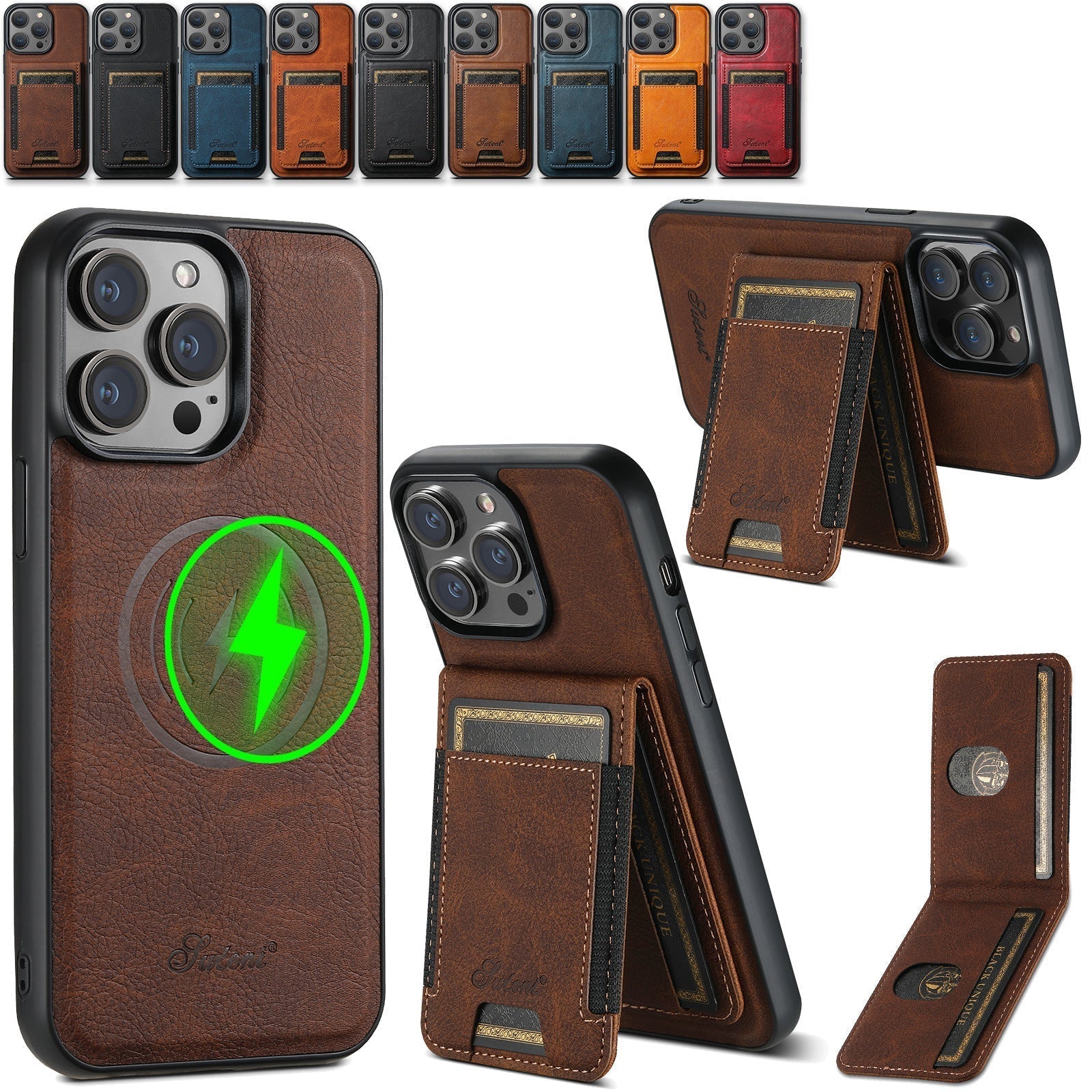 Luxury Phone Case for iPhone with Built-in Card Holder and Magnetic Stand – Durable Protection in Khaki, Black, Blue, Brown 4