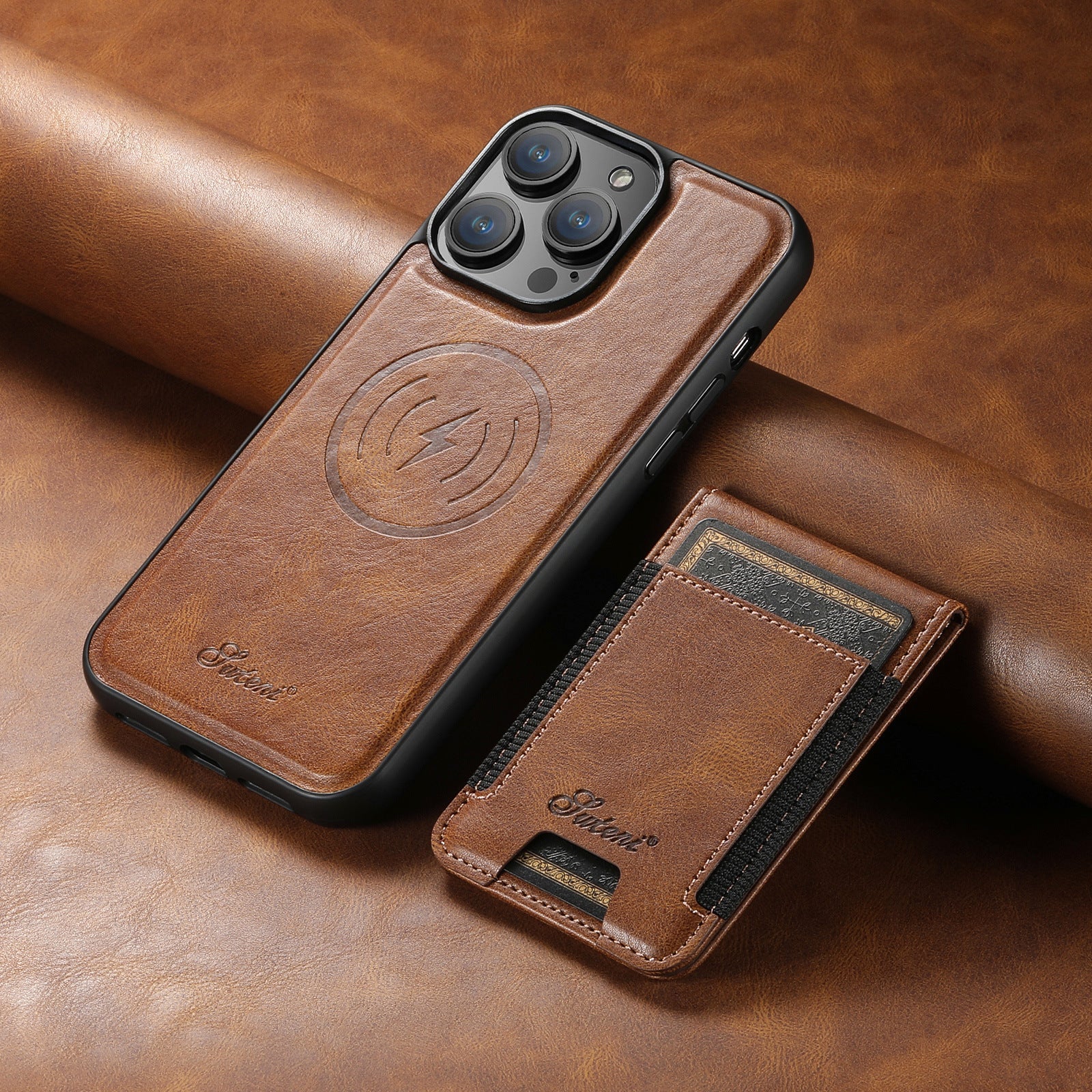 Luxury Phone Case for iPhone with Built-in Card Holder and Magnetic Stand – Durable Protection in Khaki, Black, Blue, Brown 7