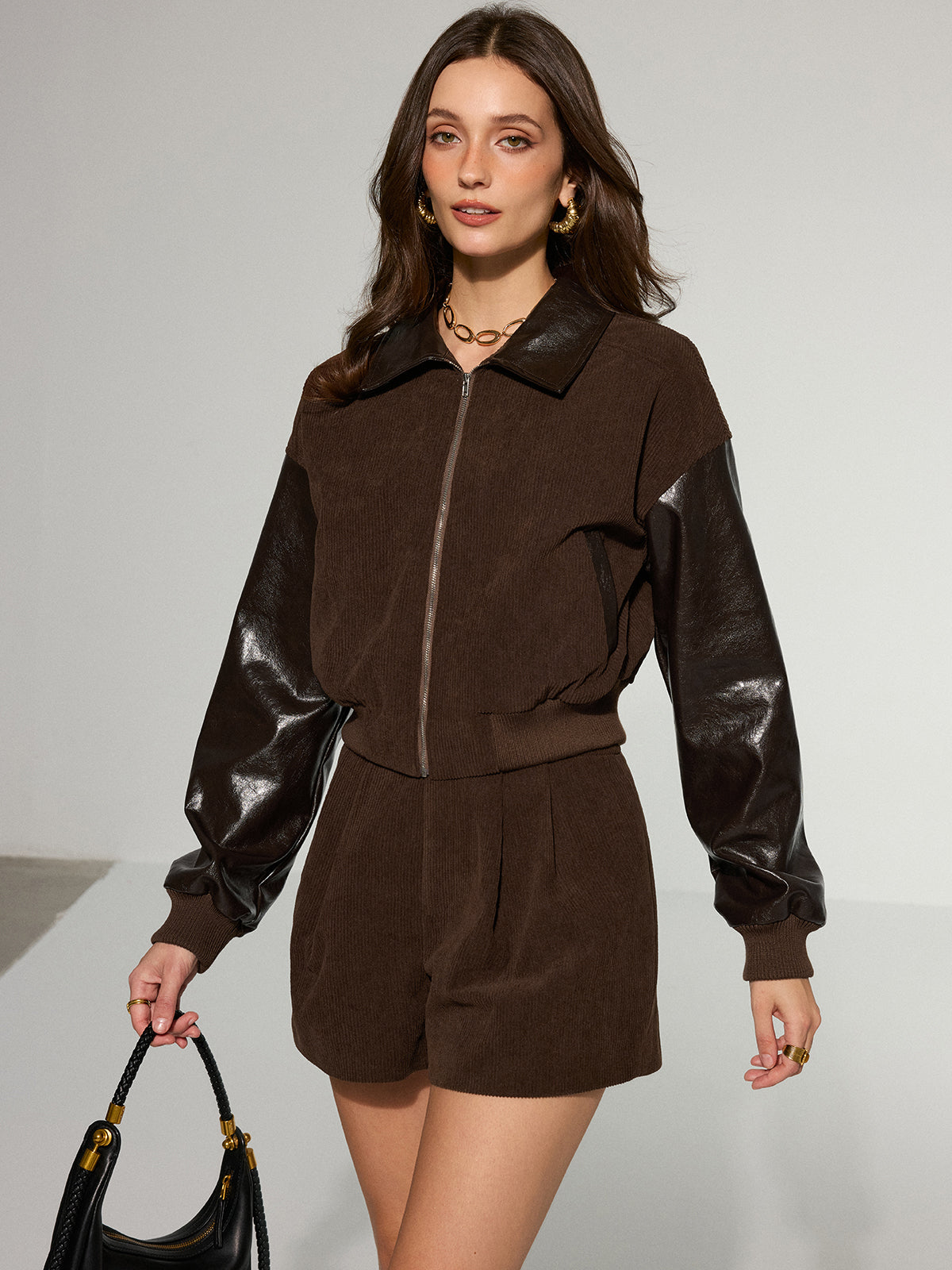 Lyra | Faux Leather Panel Corduroy Zip-Up Jacket 4