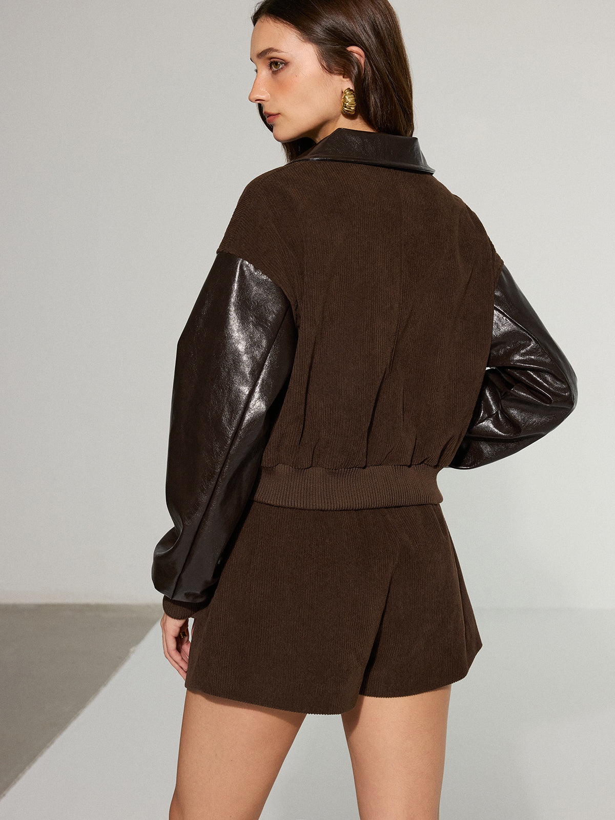 Lyra | Faux Leather Panel Corduroy Zip-Up Jacket 5