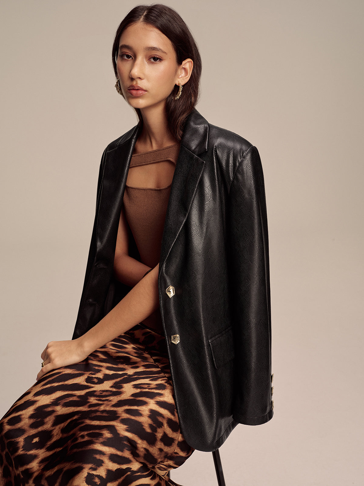 Maddison | Snake Print Metal Button PU Leather Blazer 2