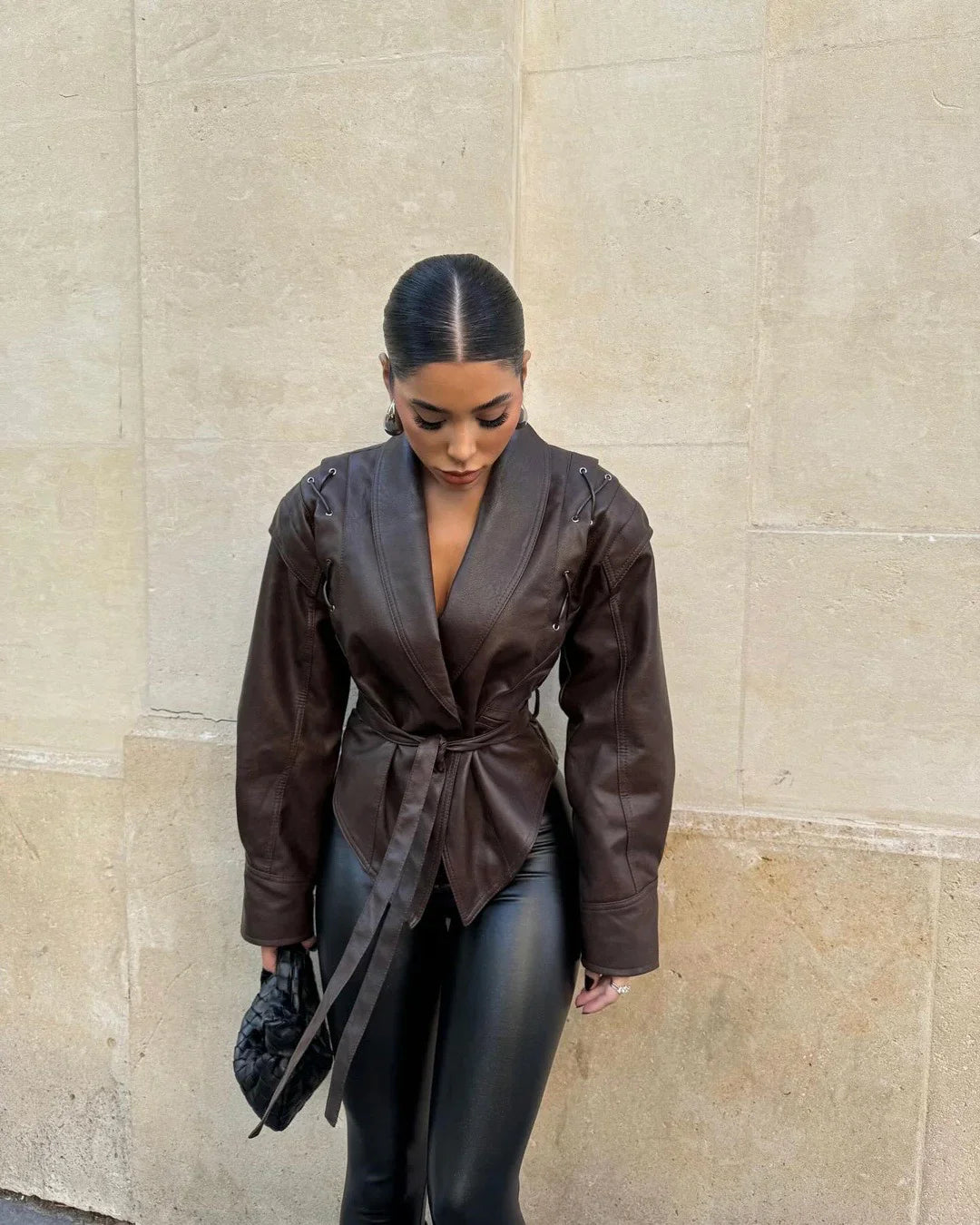 Madonna | Women&#39;s Leather Winter Jacket with Tie Belt 6