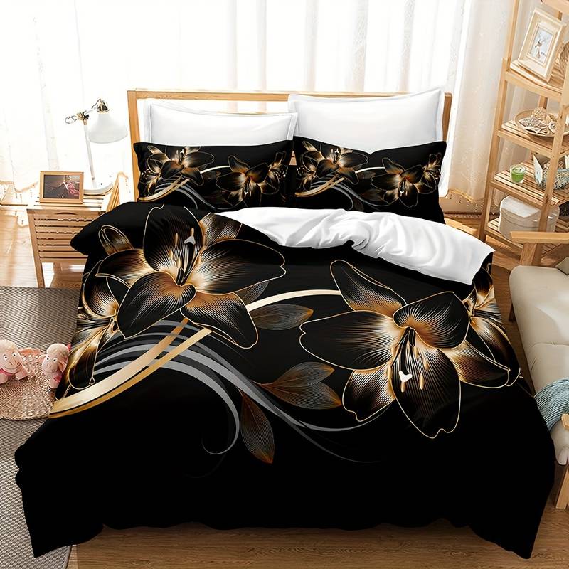 MidnightPetals - Elegant Black and Gold Duvet Set 3