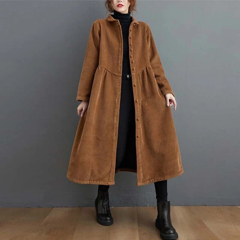 Oversized Women's Corduroy Winter Coat with Button Down Design – Calf Length Ribbed Texture 1