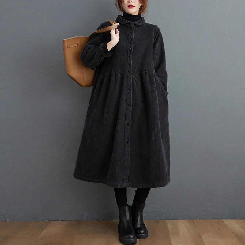 Oversized Women's Corduroy Winter Coat with Button Down Design – Calf Length Ribbed Texture 2