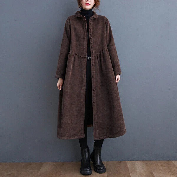 Oversized Women's Corduroy Winter Coat with Button Down Design – Calf Length Ribbed Texture 3