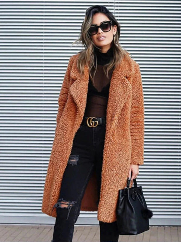 Oversized Women's Teddy Coat with Lapel Collar – Long Plush Winter Coat for Casual Wear 1