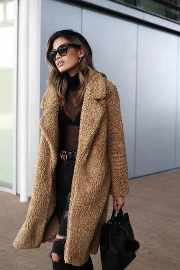 Oversized Women's Teddy Coat with Lapel Collar – Long Plush Winter Coat for Casual Wear 2
