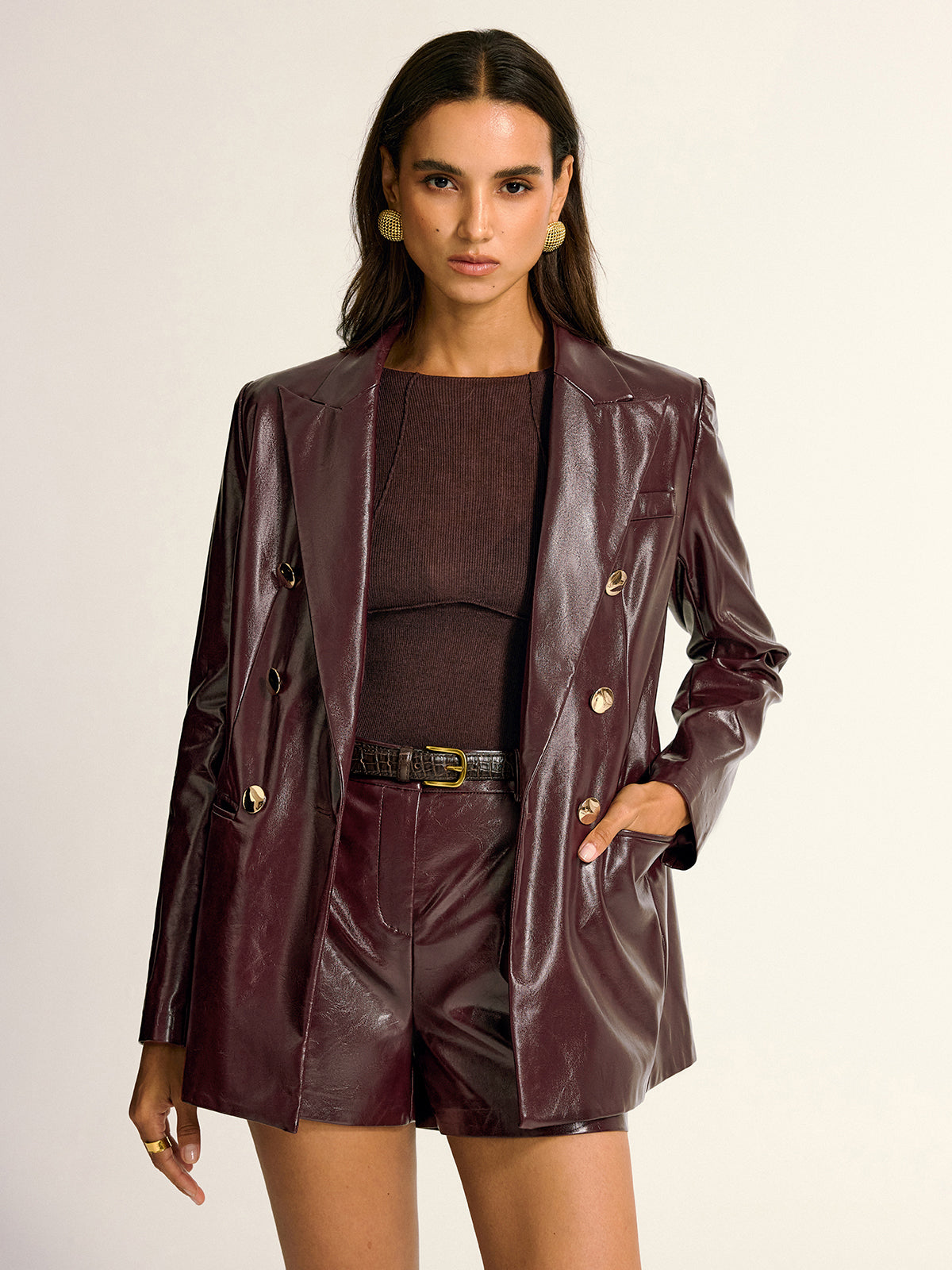 Paloma | PU Leather Metal Button Lapel Pocket Blazer 1