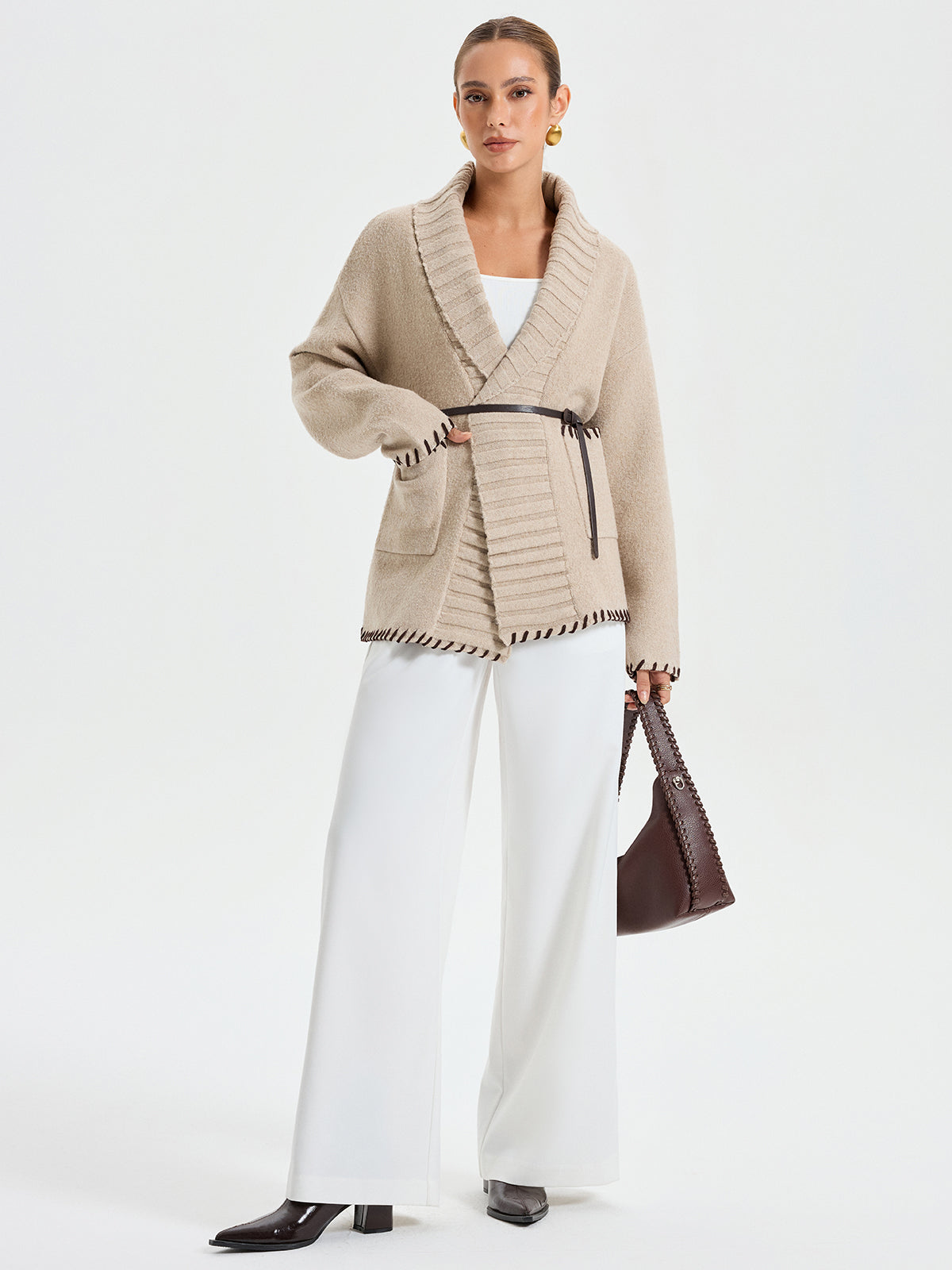 Quincy | Contrast Stitched Shawl Collar Belted Knit Outerwear 1
