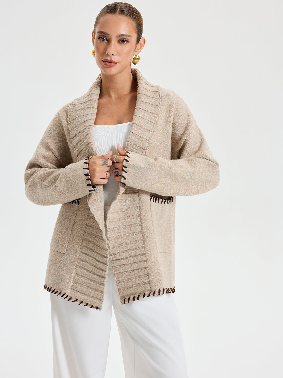 Quincy | Contrast Stitched Shawl Collar Belted Knit Outerwear 2