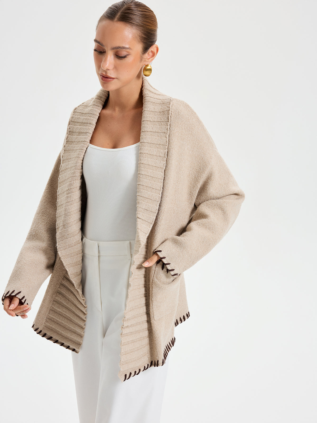 Quincy | Contrast Stitched Shawl Collar Belted Knit Outerwear 3