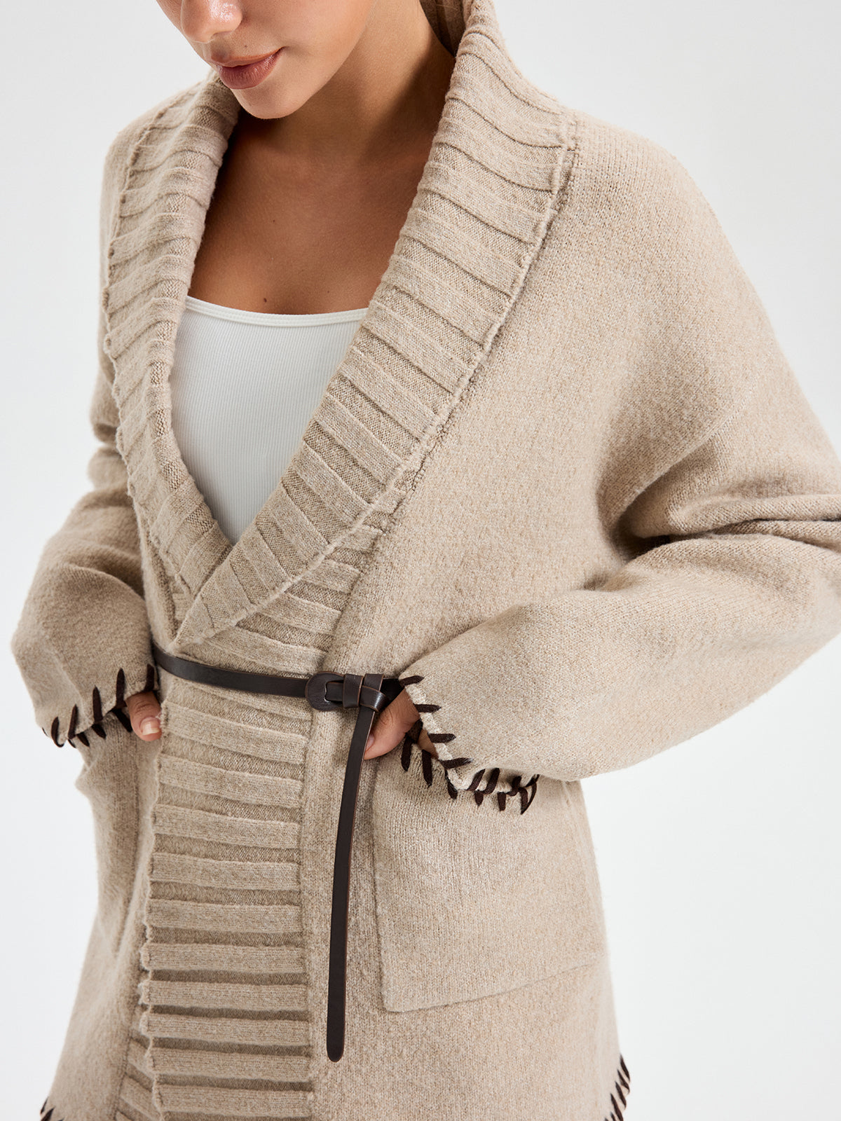 Quincy | Contrast Stitched Shawl Collar Belted Knit Outerwear 4