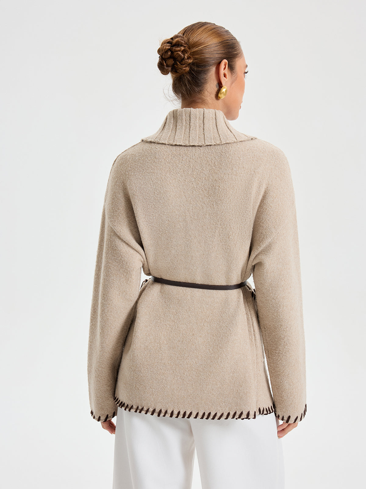 Quincy | Contrast Stitched Shawl Collar Belted Knit Outerwear 5