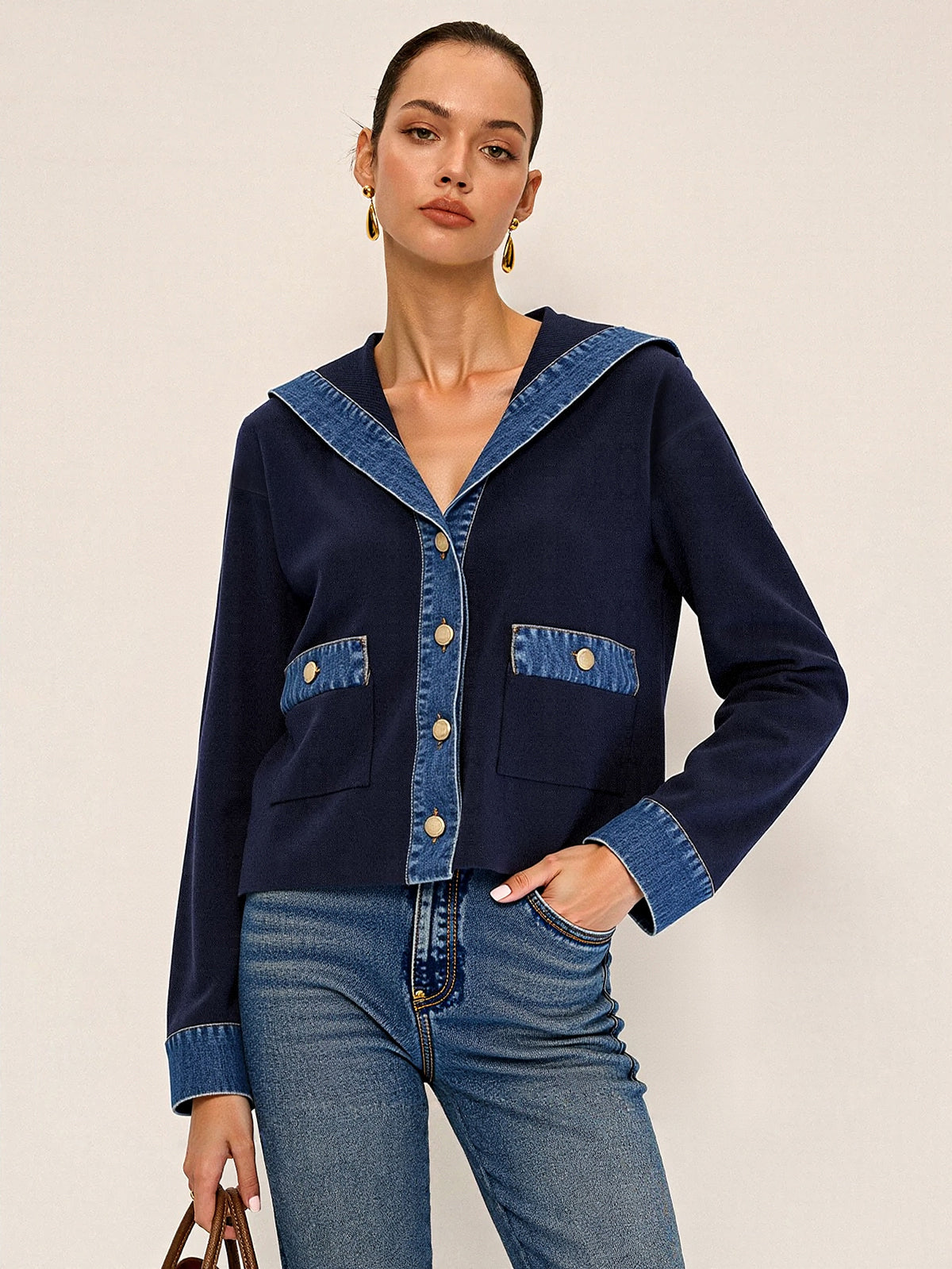 Racy | Sailor Collar Denim Trim Knit Outerwear 5