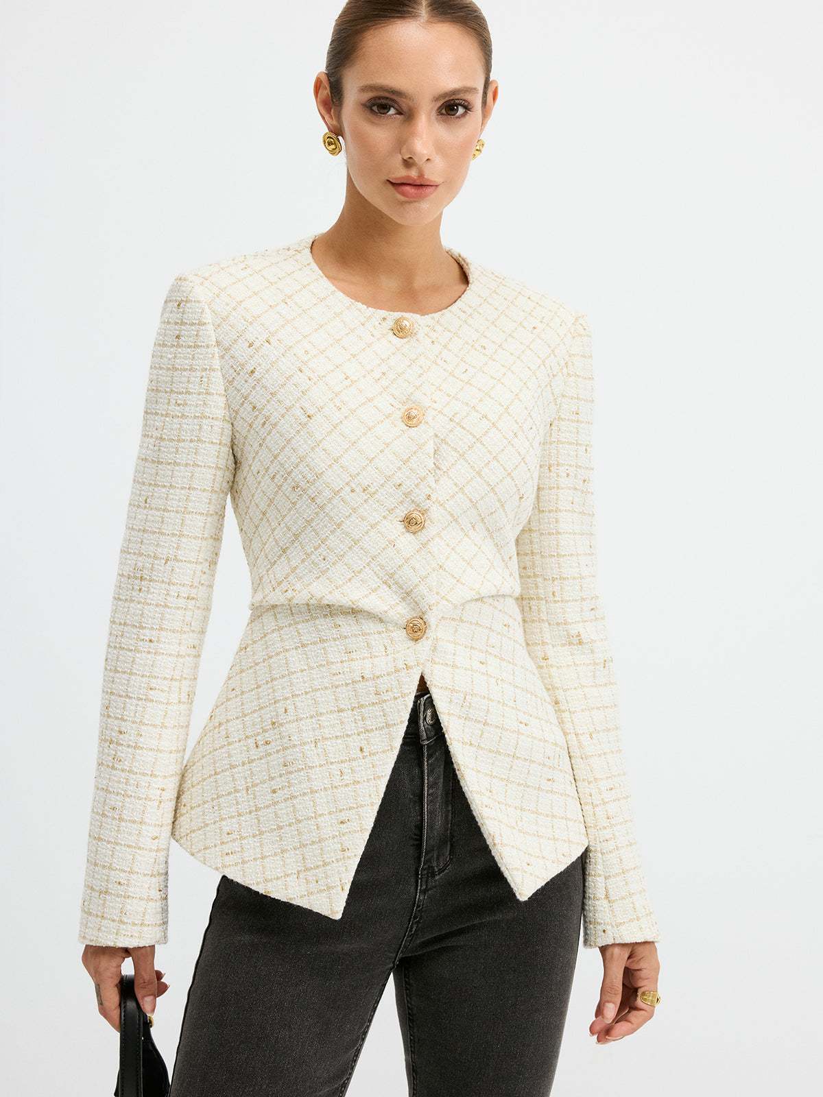 Romina | Tweed Round Neck Waist-Cinching Blazer 0