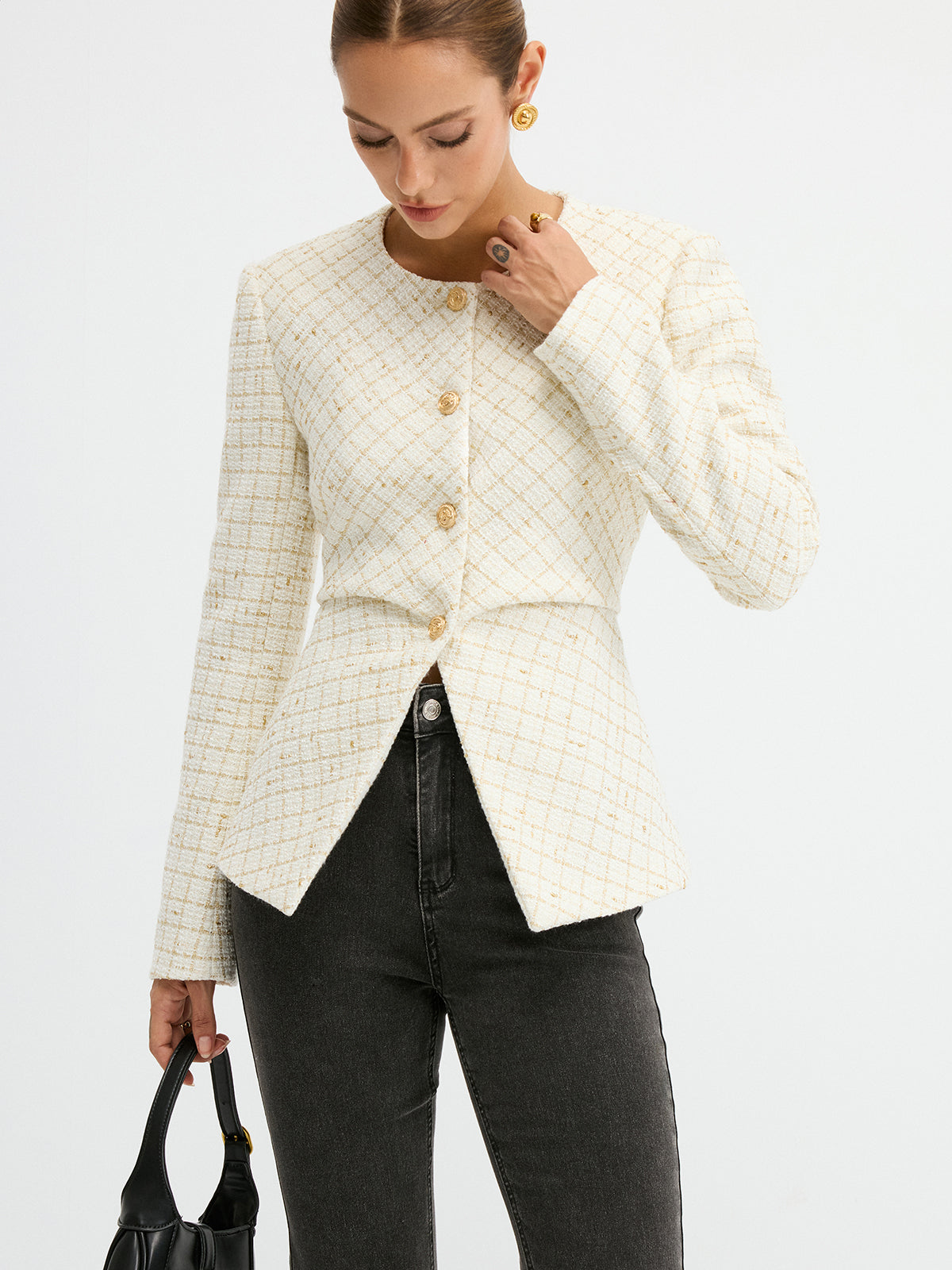 Romina | Tweed Round Neck Waist-Cinching Blazer 1
