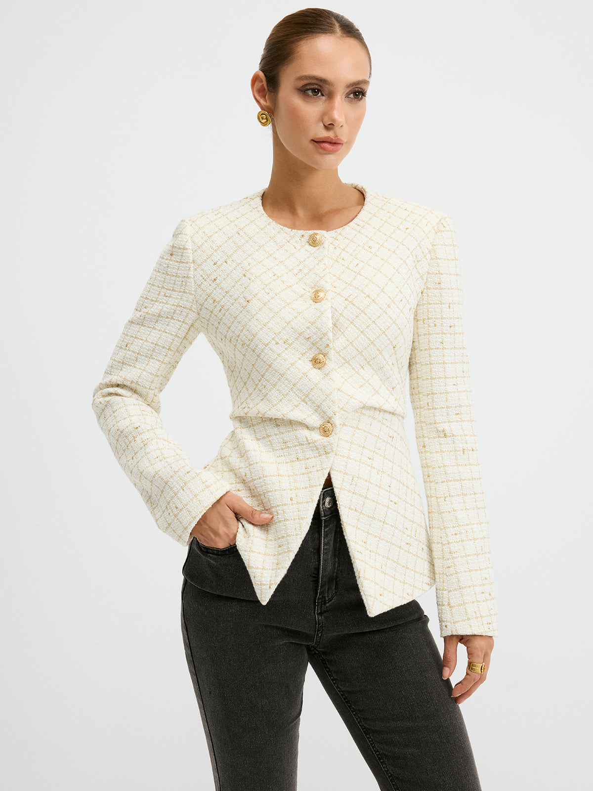 Romina | Tweed Round Neck Waist-Cinching Blazer 2