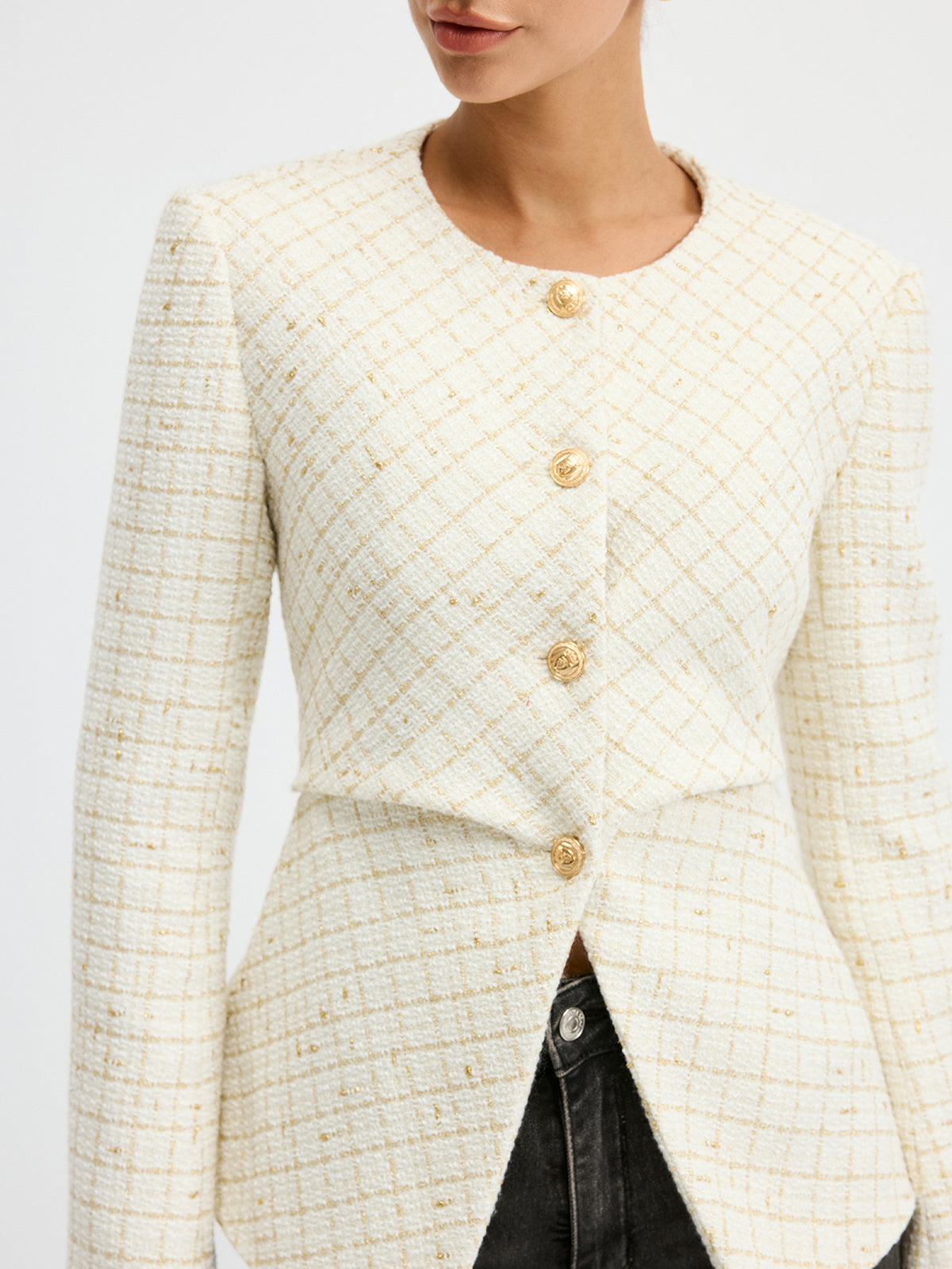 Romina | Tweed Round Neck Waist-Cinching Blazer 4