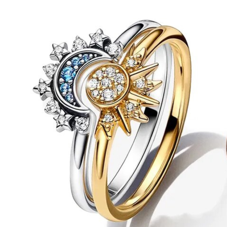Sparkling moon-sun-silver crystal ring 0