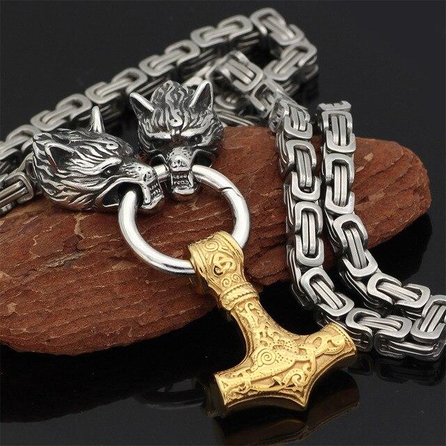 SteelTwin | Double Wolf Necklace with Mjolnir Pendant Design 0