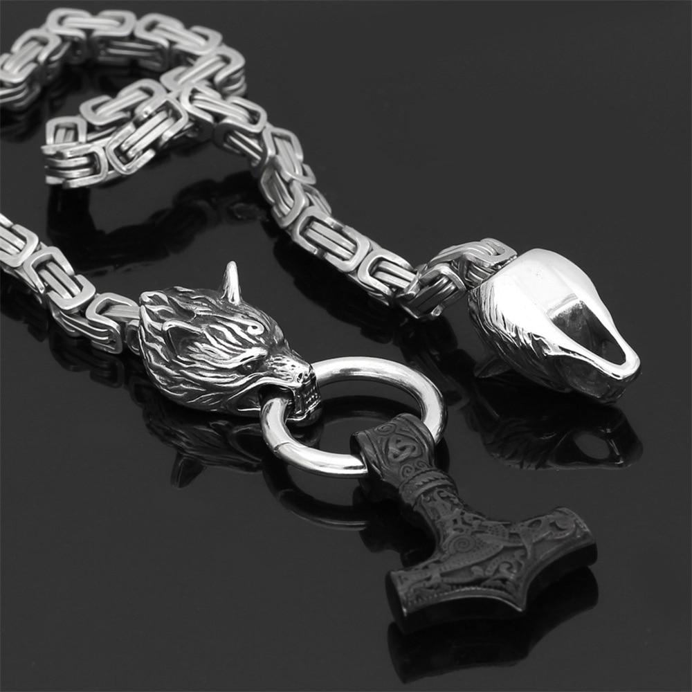 SteelTwin | Double Wolf Necklace with Mjolnir Pendant Design 1